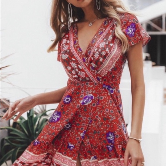 Red Floral Ruffle Wrap Dress - Picture 5 of 8